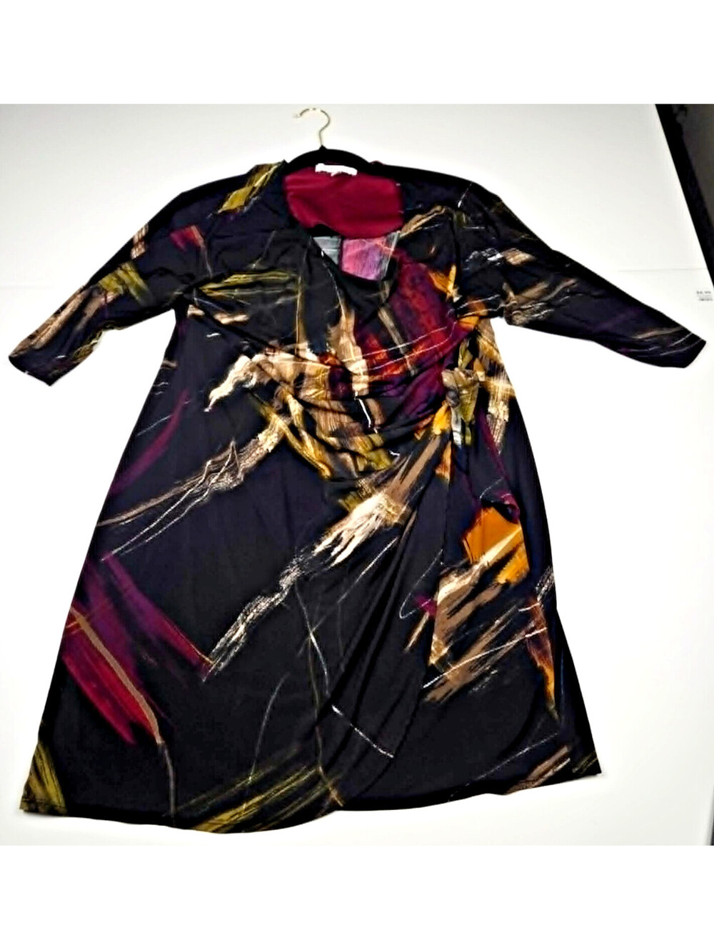 Robbie Bee Black Abstract Print Draped V Neck Dress Womens M 3/4 Sleeve